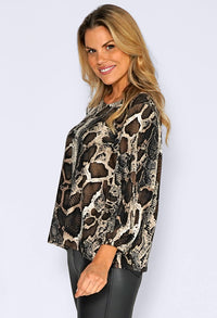 Brown Snake Print Top with Pleated Sleeves