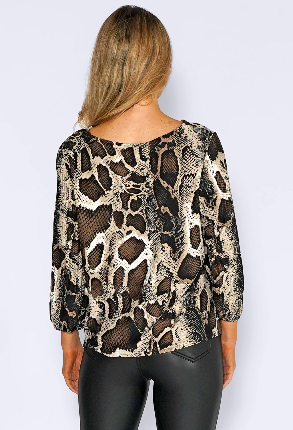 Brown Snake Print Top with Pleated Sleeves