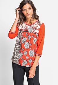 Pumpkin Mix Print T-Shirt with Stripe Trim