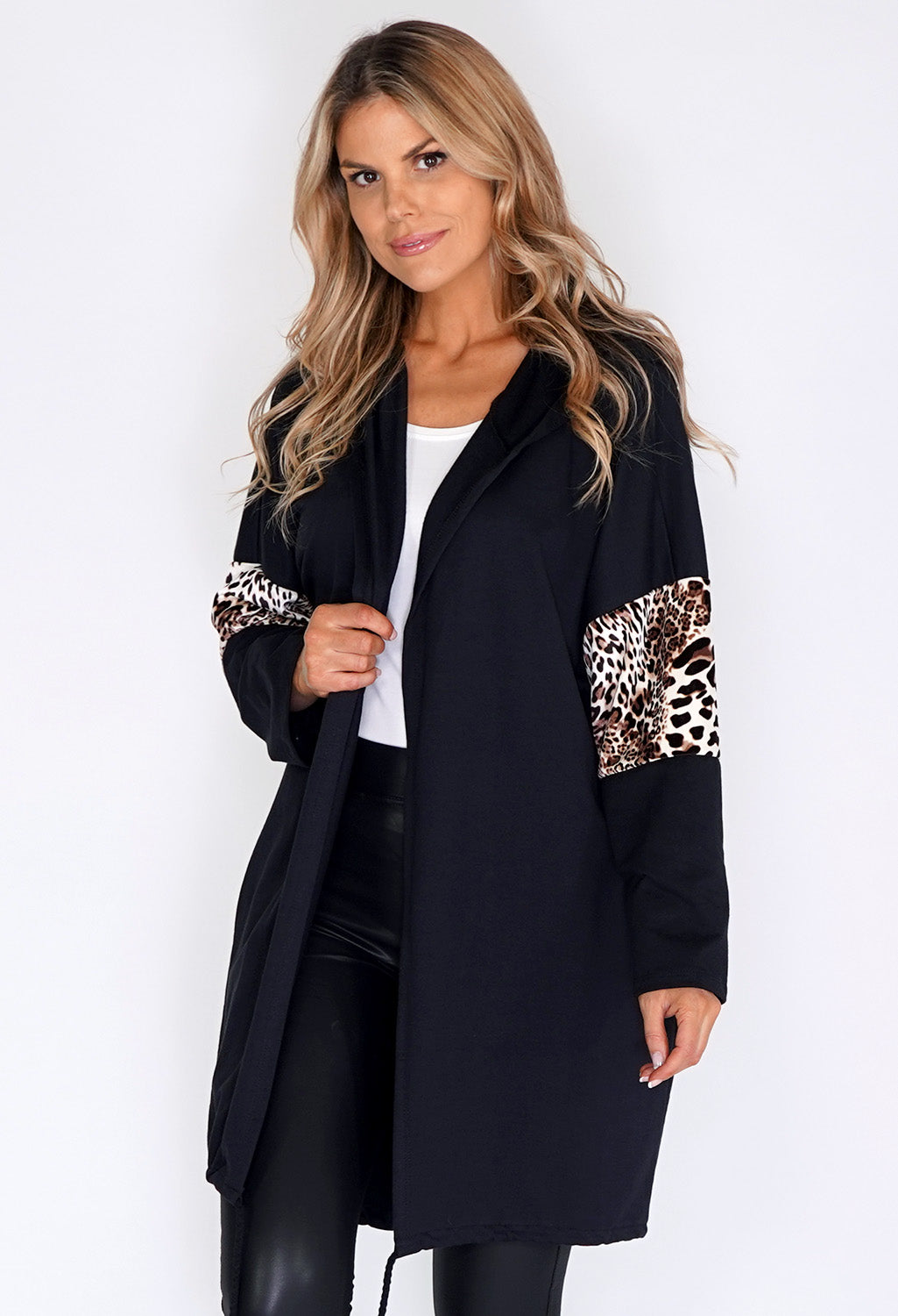 Zapara Black Coat with leopard Panelled Sleeve