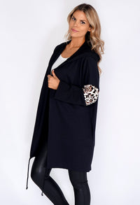 Zapara Black Coat with leopard Panelled Sleeve