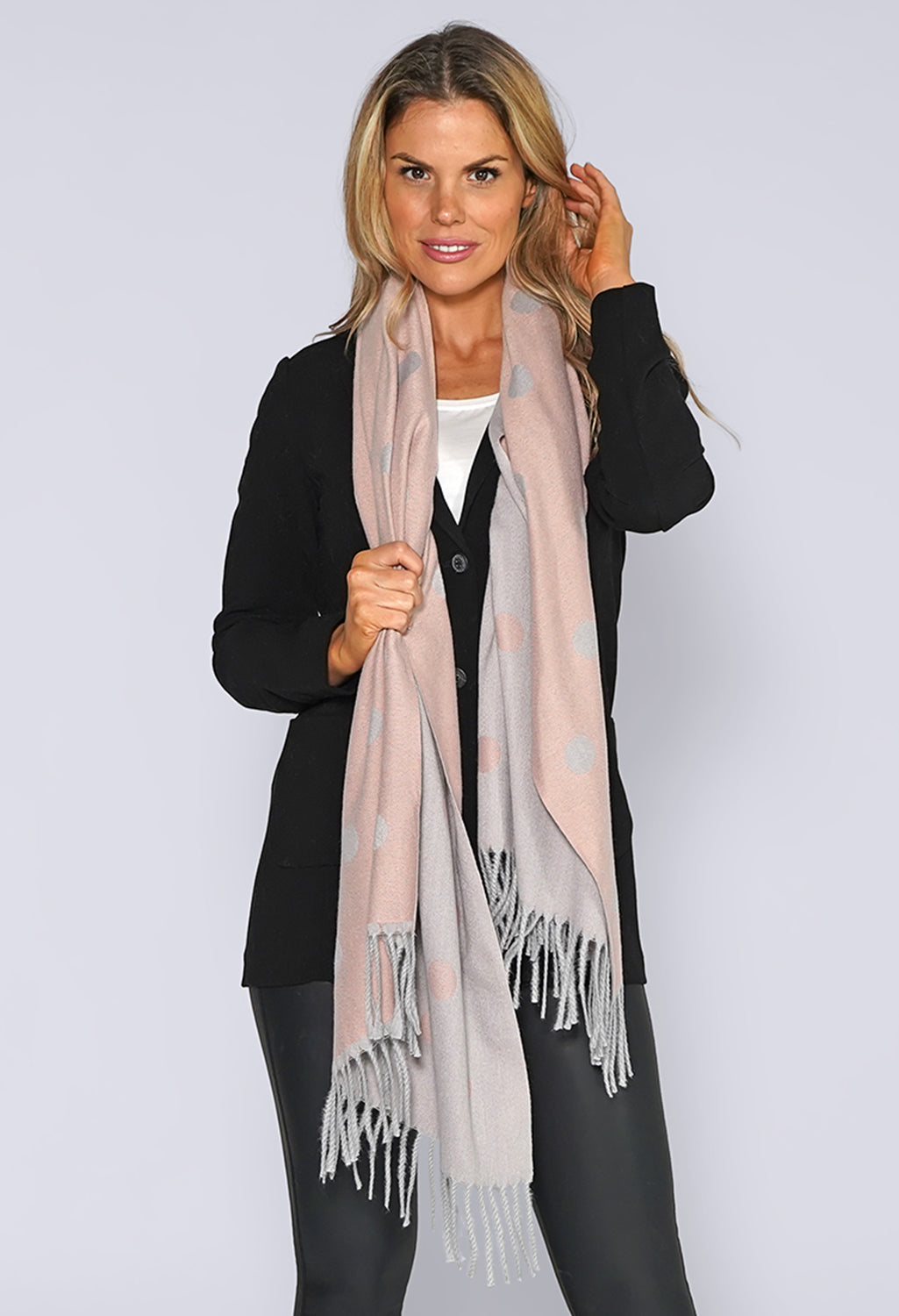 Pink and Grey Spotted Knit Scarf