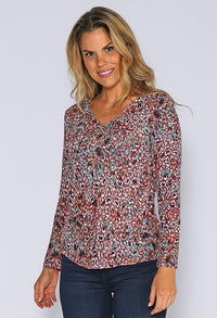 Grey Knit Top with Rose Abstract Leopard Print