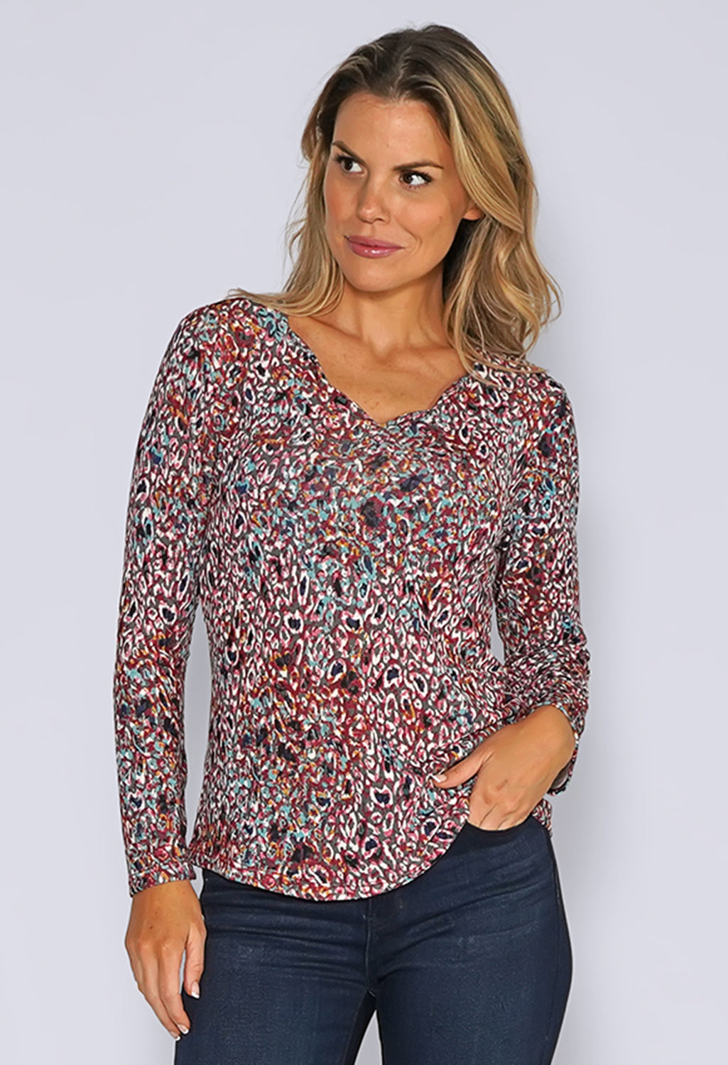 Grey Knit Top with Rose Abstract Leopard Print