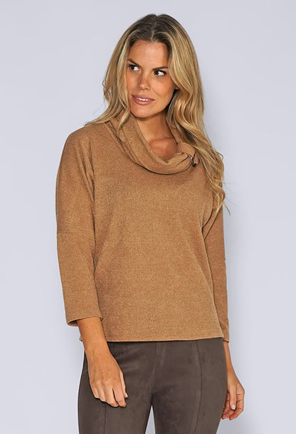 Camel High Rolled Neck Knit Top