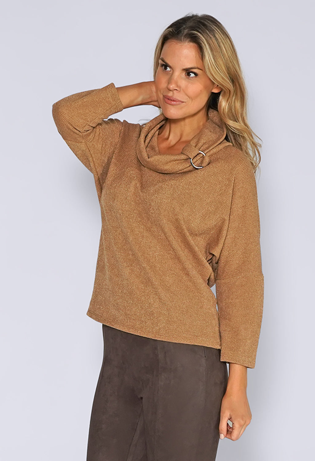 Camel High Rolled Neck Knit Top