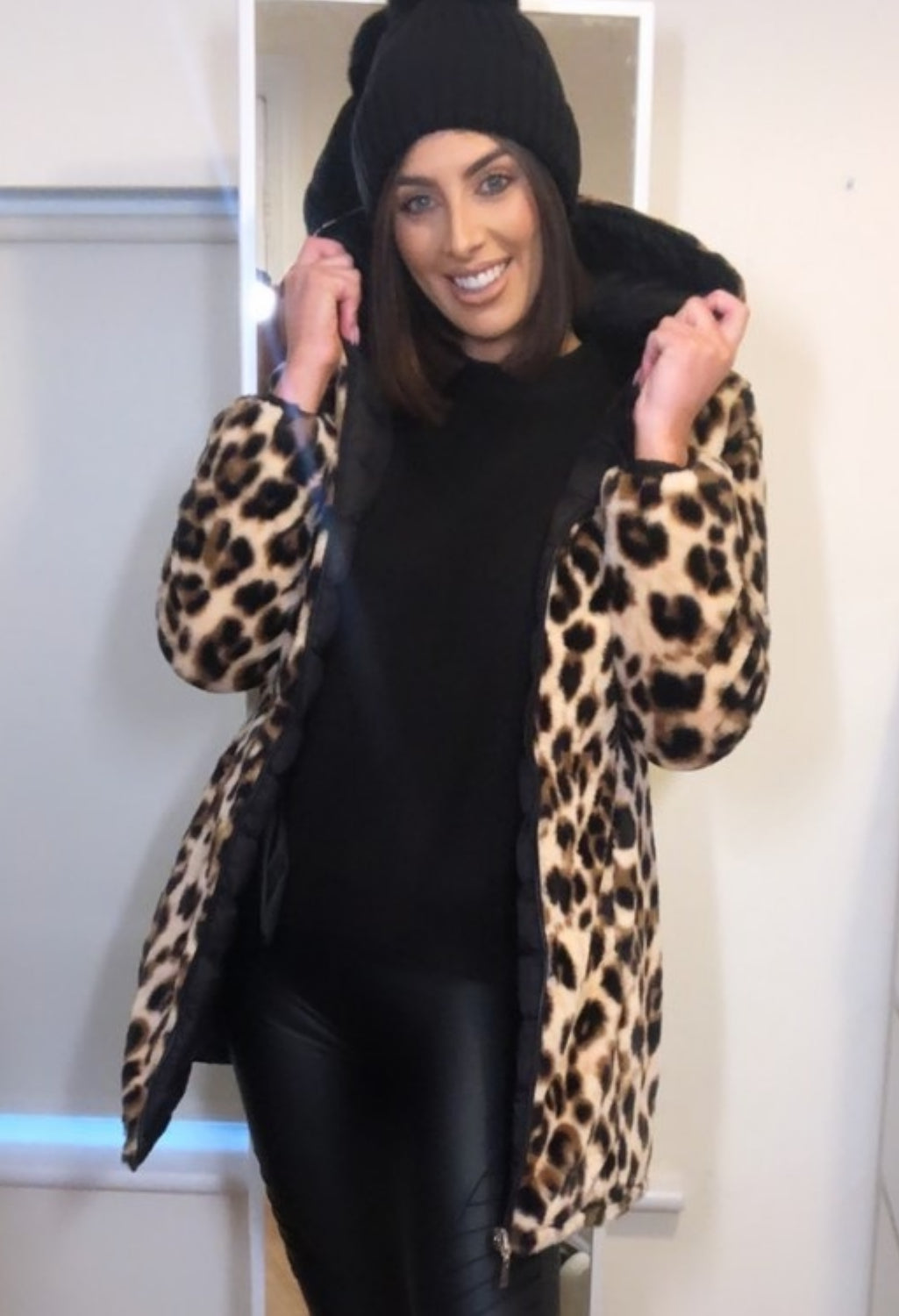 Reversible Black and Leopard Print Coat