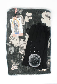 Black Vintage Scarf and Wool Gloves Gift Set