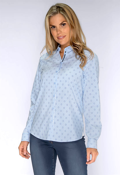 Blue Pinstripe Shirt with Circle Print