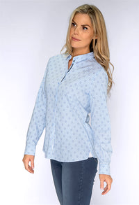 Blue Pinstripe Shirt with Circle Print