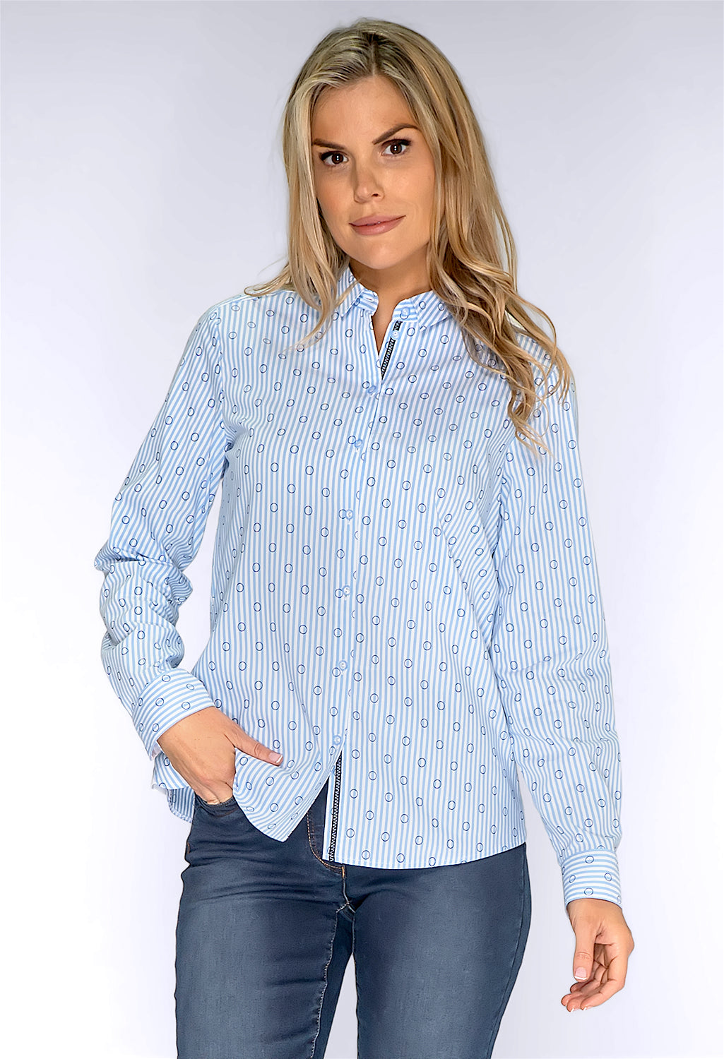 Blue Pinstripe Shirt with Circle Print