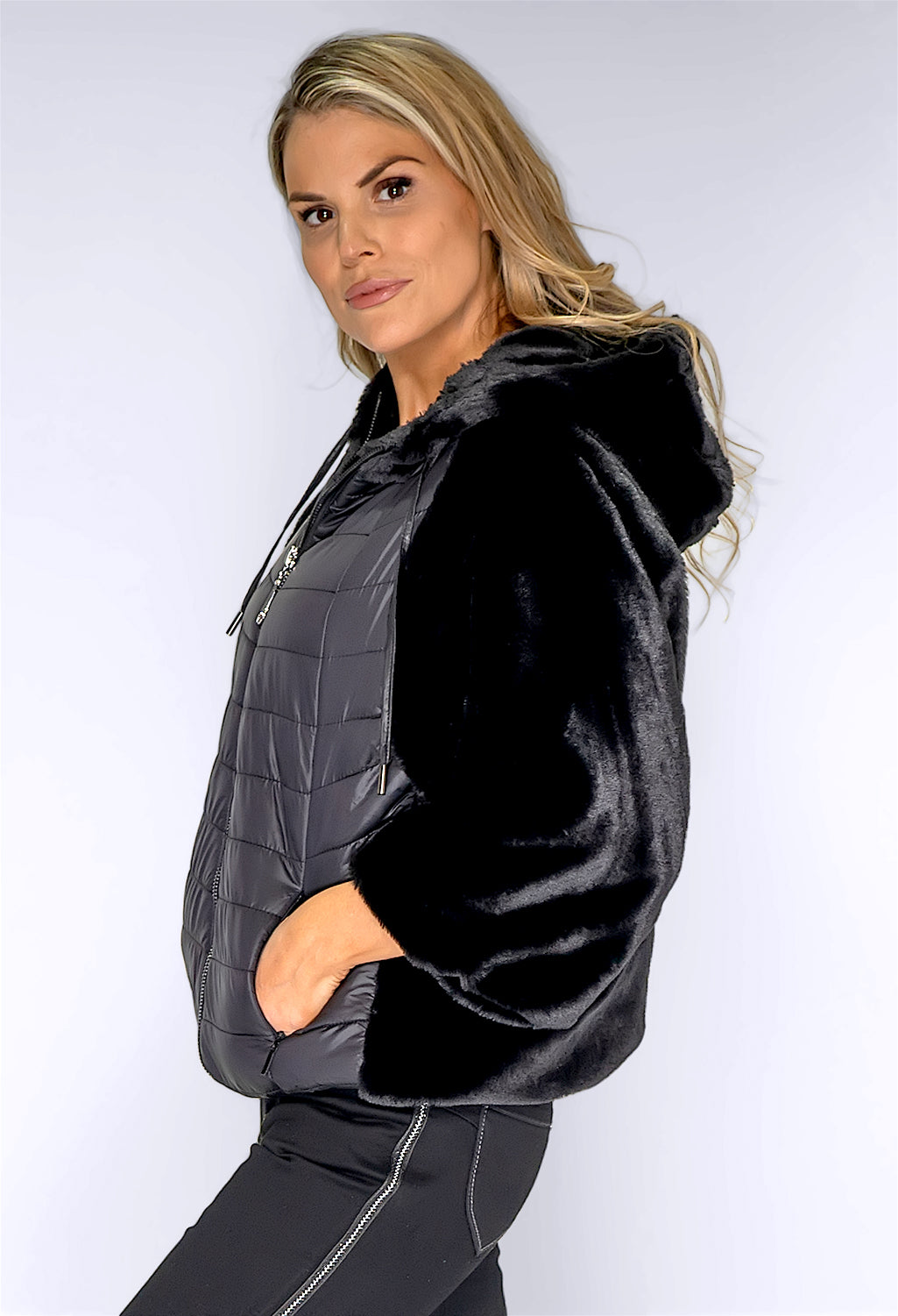 Black Faux Fur Jacket with Quilted Front