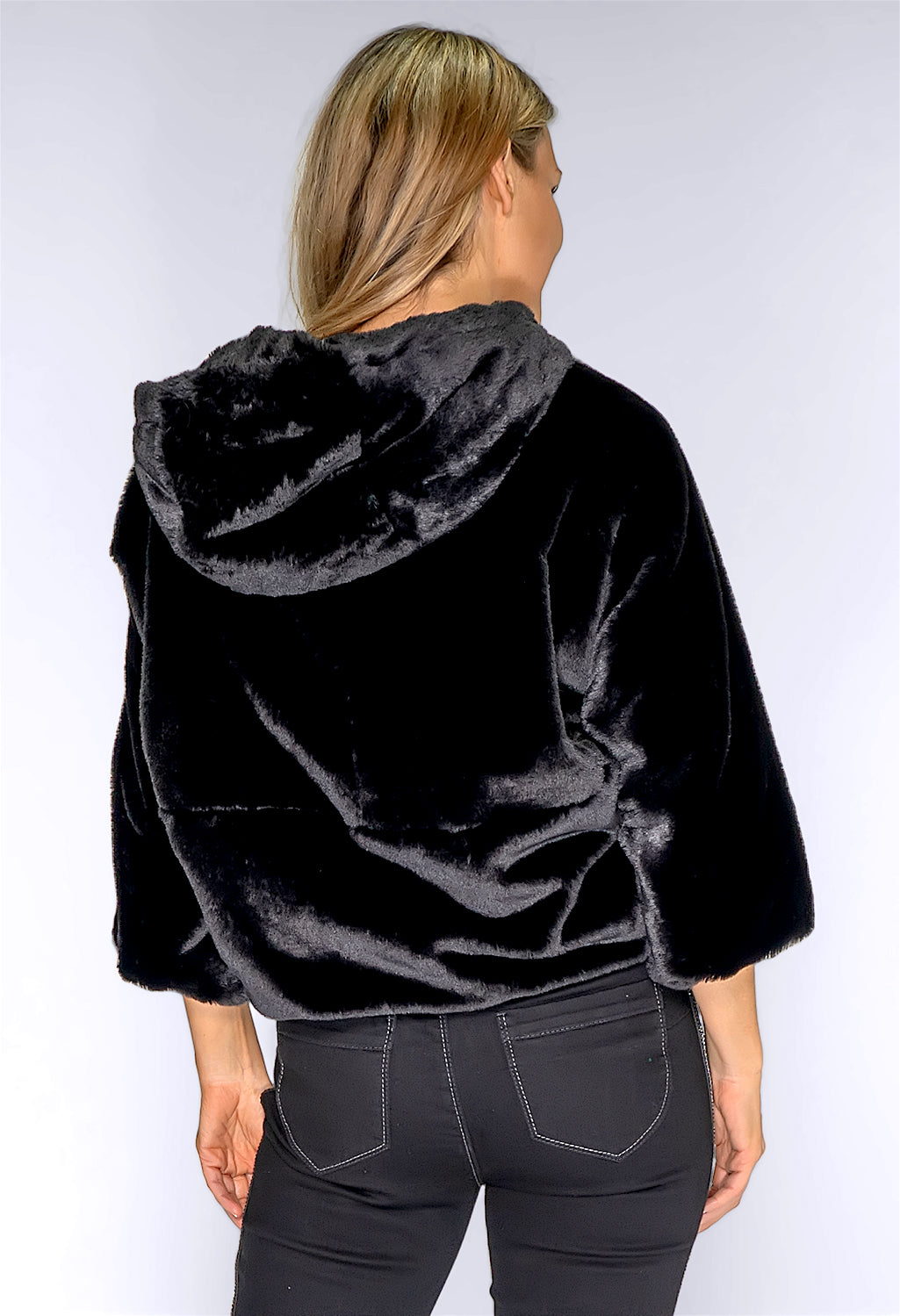 Black Faux Fur Jacket with Quilted Front