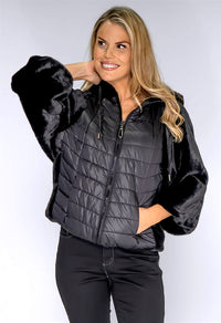 Black Faux Fur Jacket with Quilted Front