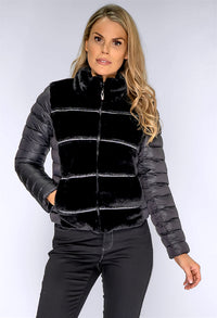 Black Quilted Jacket with Faux Fur Front