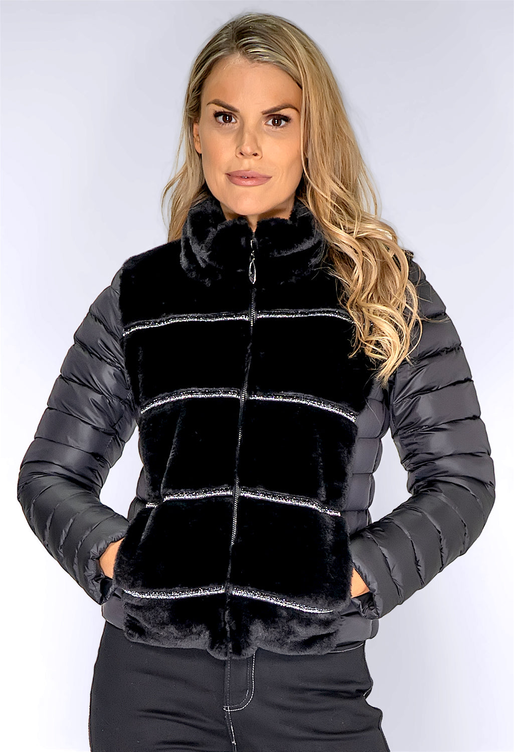 Black Quilted Jacket with Faux Fur Front