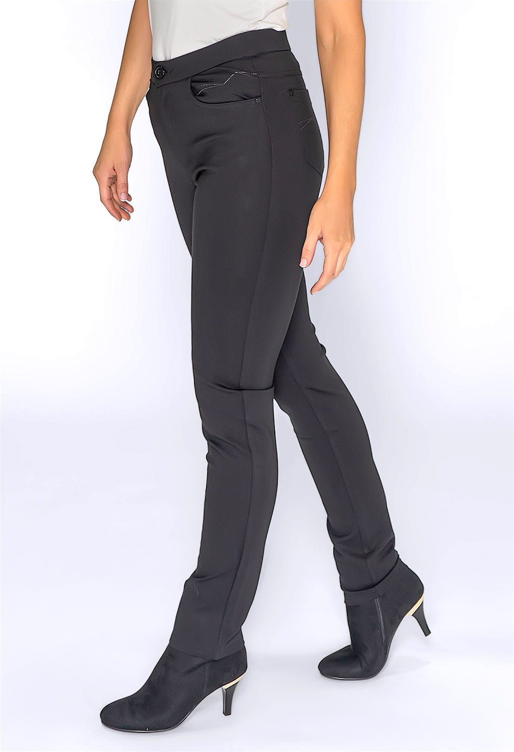 Black Straight Leg Trousers with Glitter Stitch Pockets