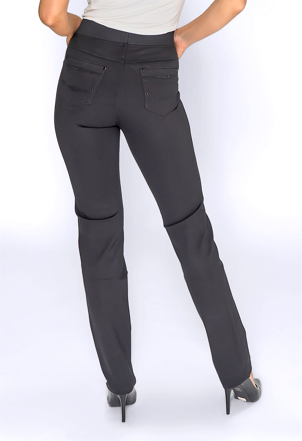 Black Pull Up Trousers with Rhinestone Pocket Details