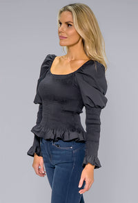 Black Puff Shoulder Smocking Top