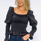 Black Puff Shoulder Smocking Top