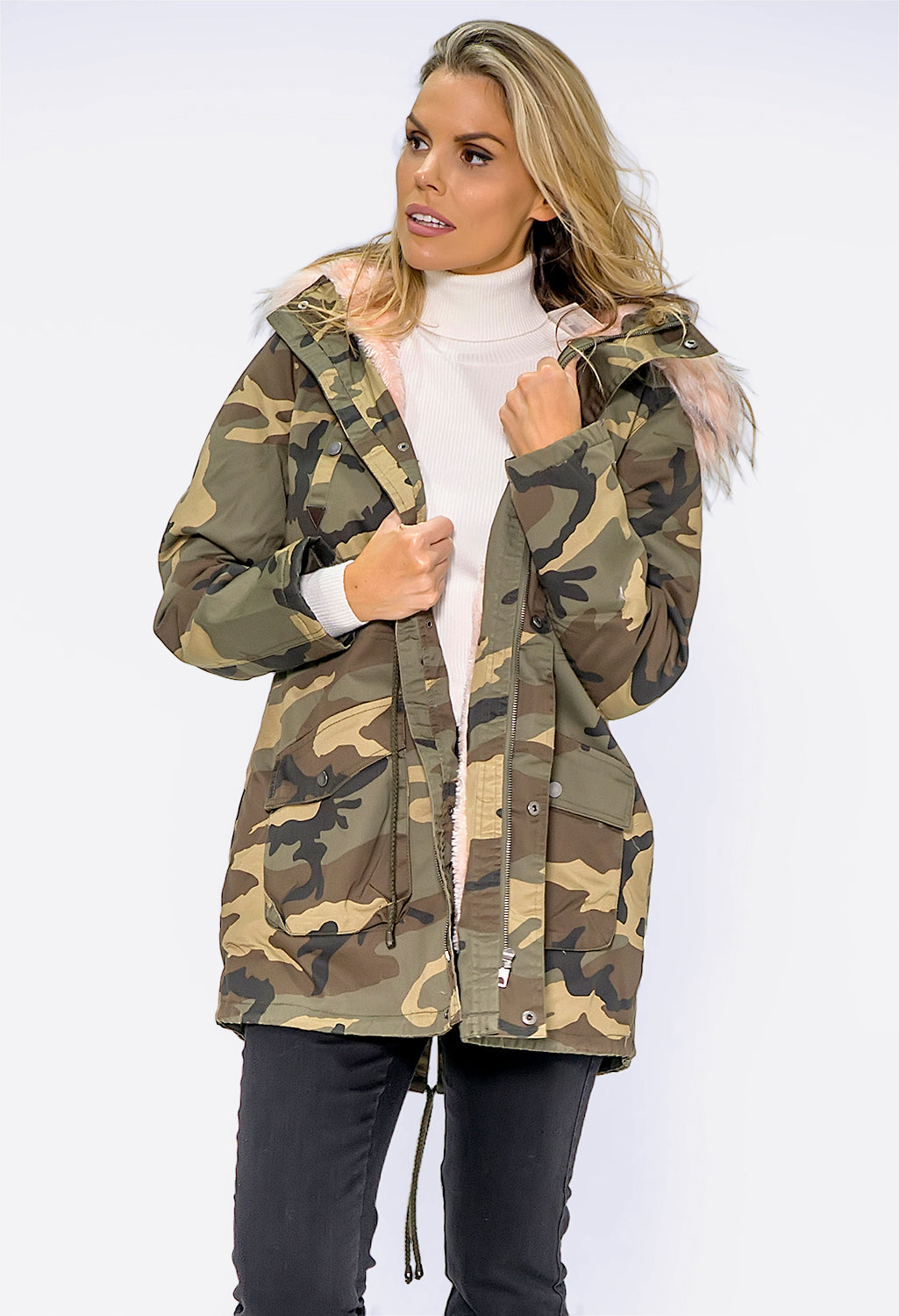 Camo Coat with Pink Faux Fur