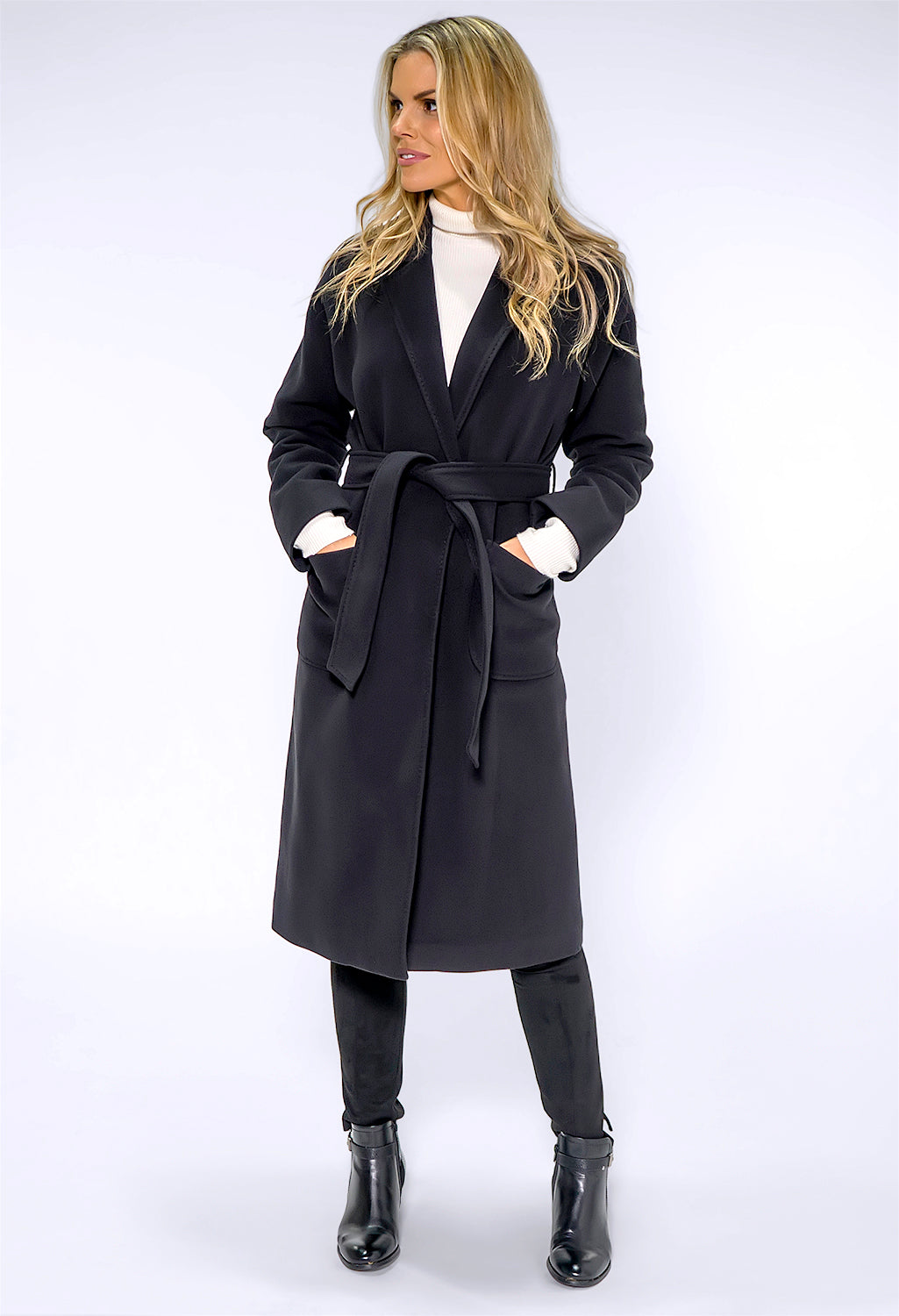 Long Black Coat with Silk Feel Lining