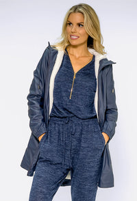 Navy Hooded Raincoat With White Cosy Lining