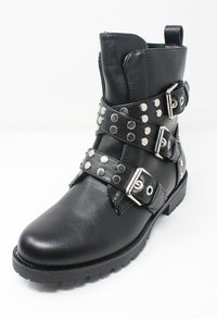 Black Faux Leather Boots with Studded Straps