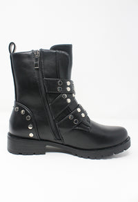 Black Faux Leather Boots with Studded Straps