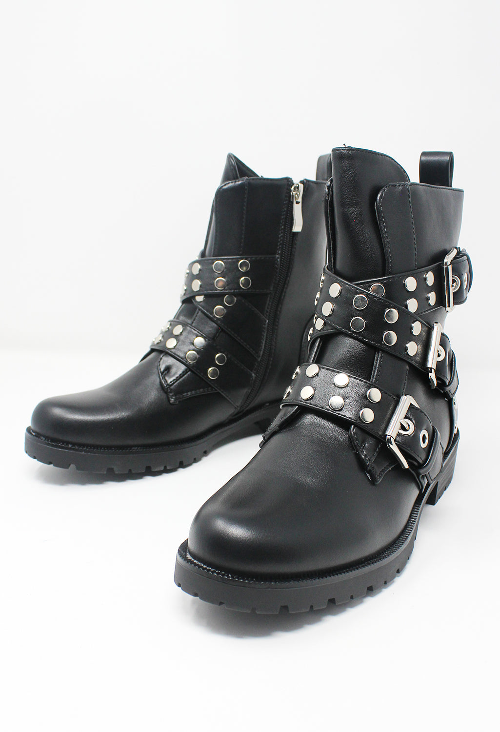 Black Faux Leather Boots with Studded Straps