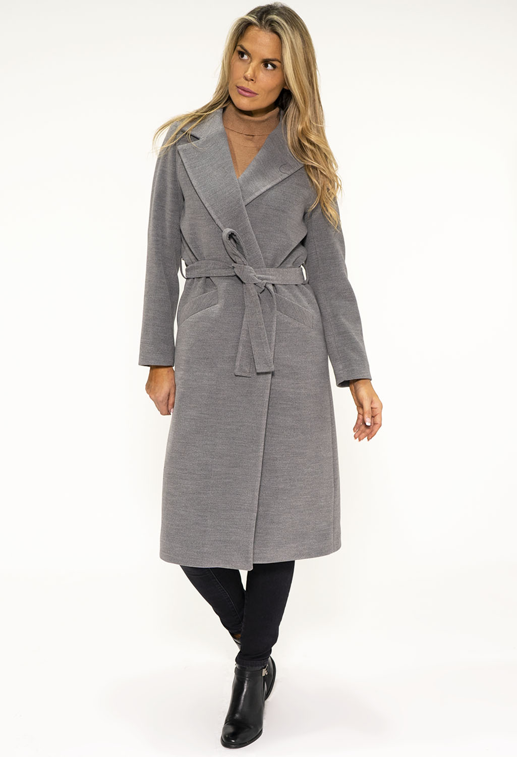 Grey Midi Length Coat with Belt