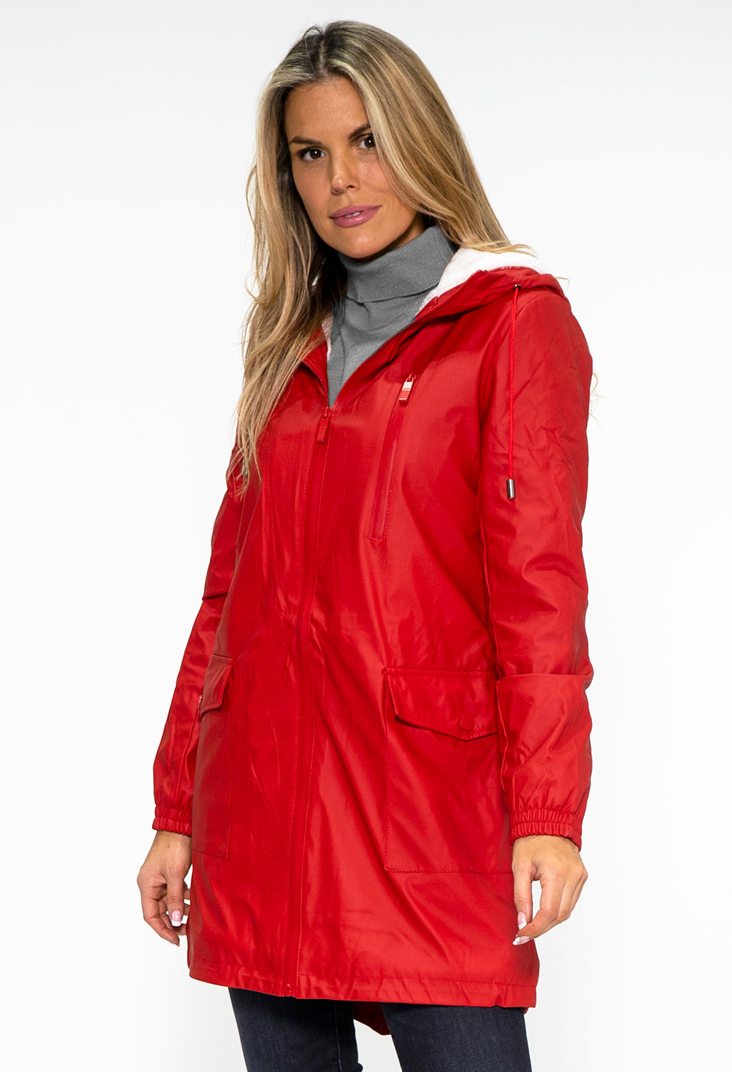 Red Hooded Raincoat with Cosy White Lining