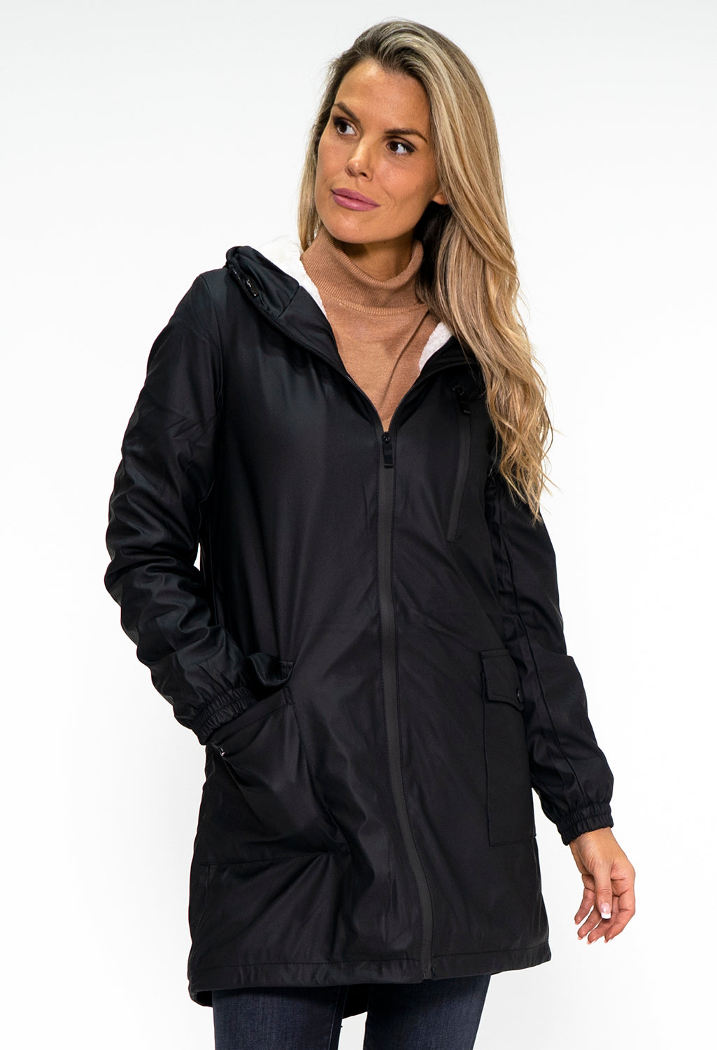 Black Hooded Raincoat with White Cosy Lining