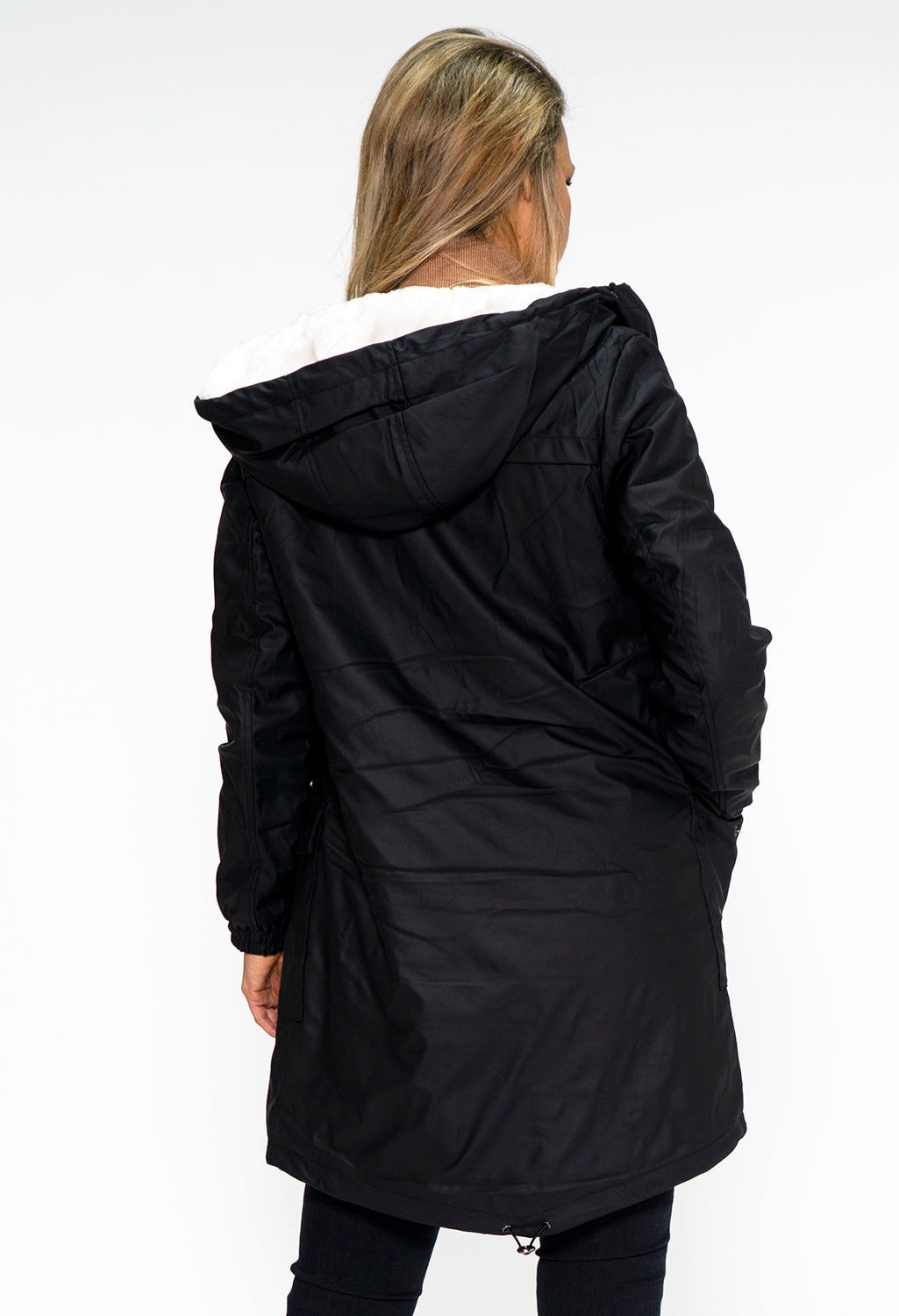 Black Hooded Raincoat with White Cosy Lining