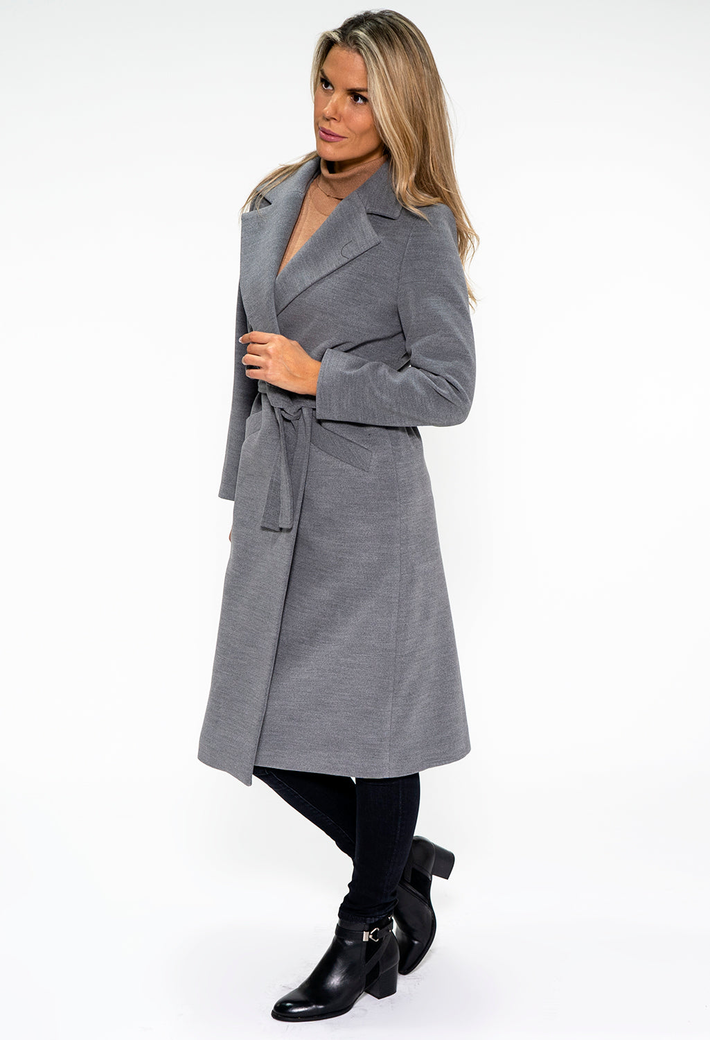 Grey Midi Length Coat with Belt