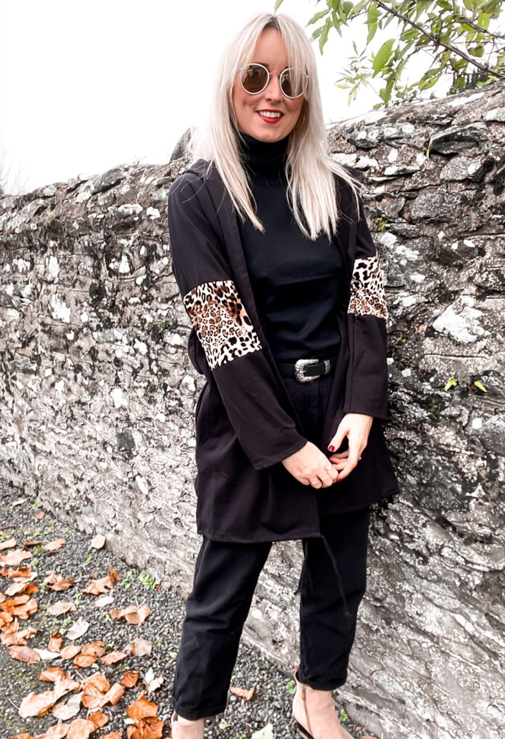 Zapara Black Coat with leopard Panelled Sleeve