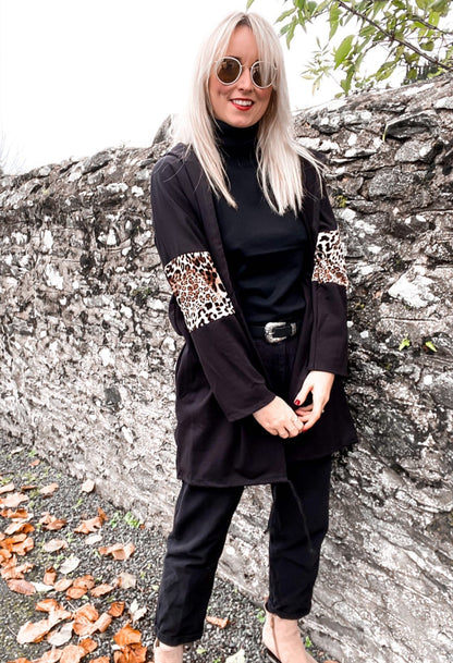 Zapara Black Coat with leopard Panelled Sleeve