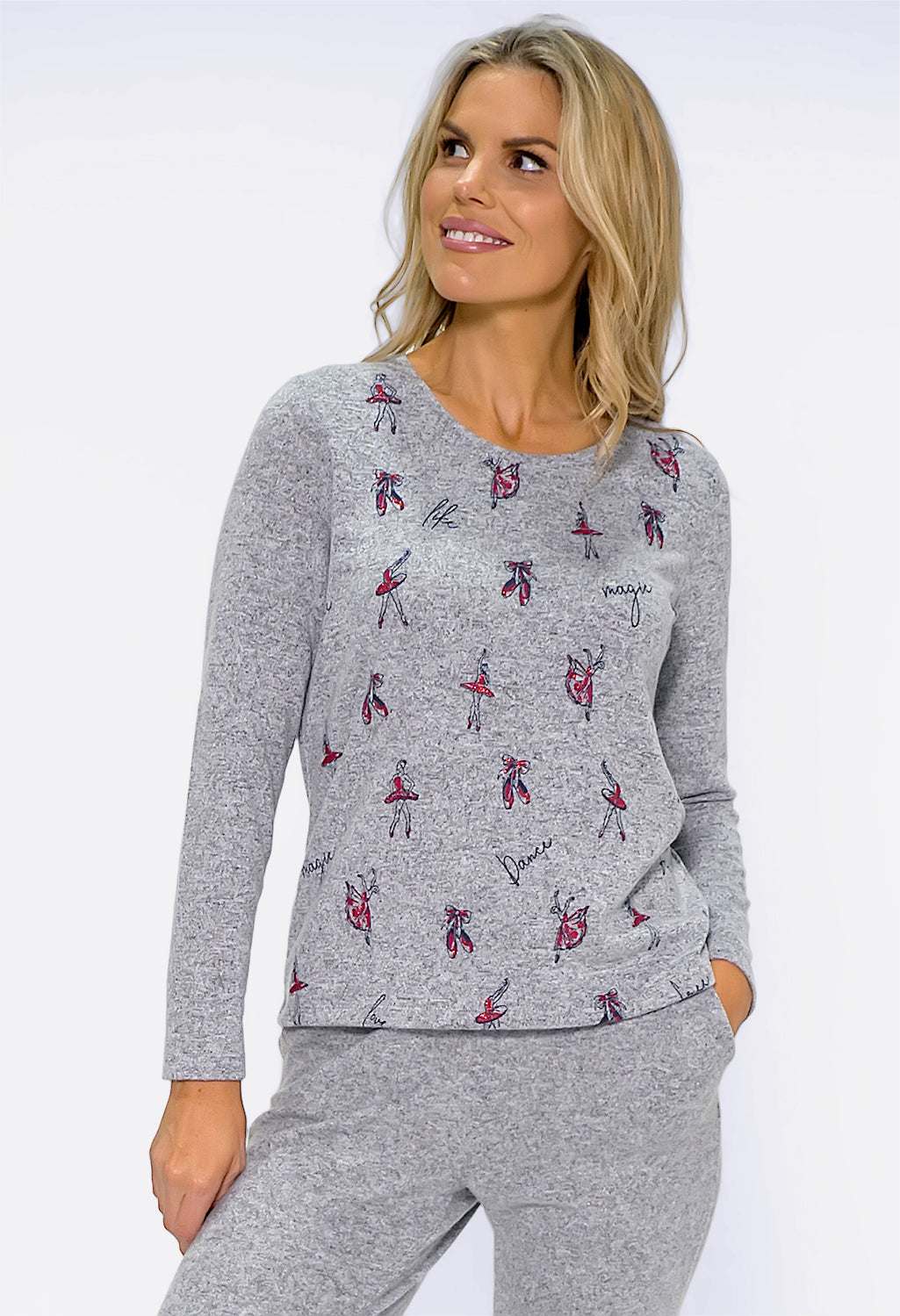 Light Grey Knit with Red Ballet Print