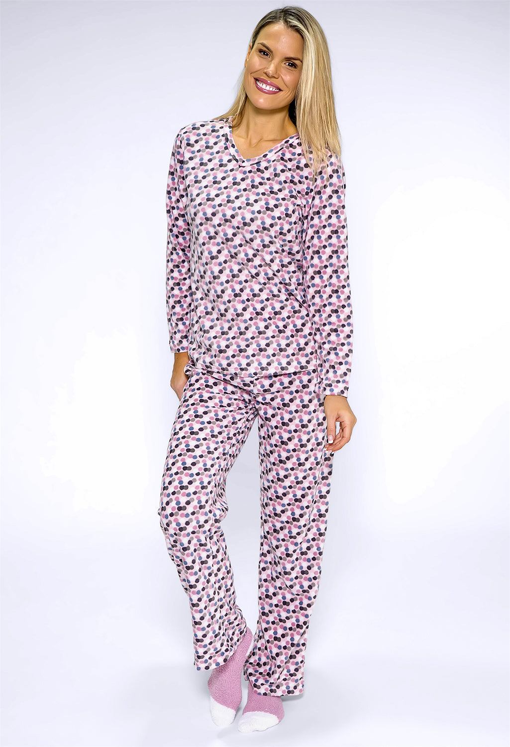 3 piece microfleece polka dot print pyjama set with plush socks