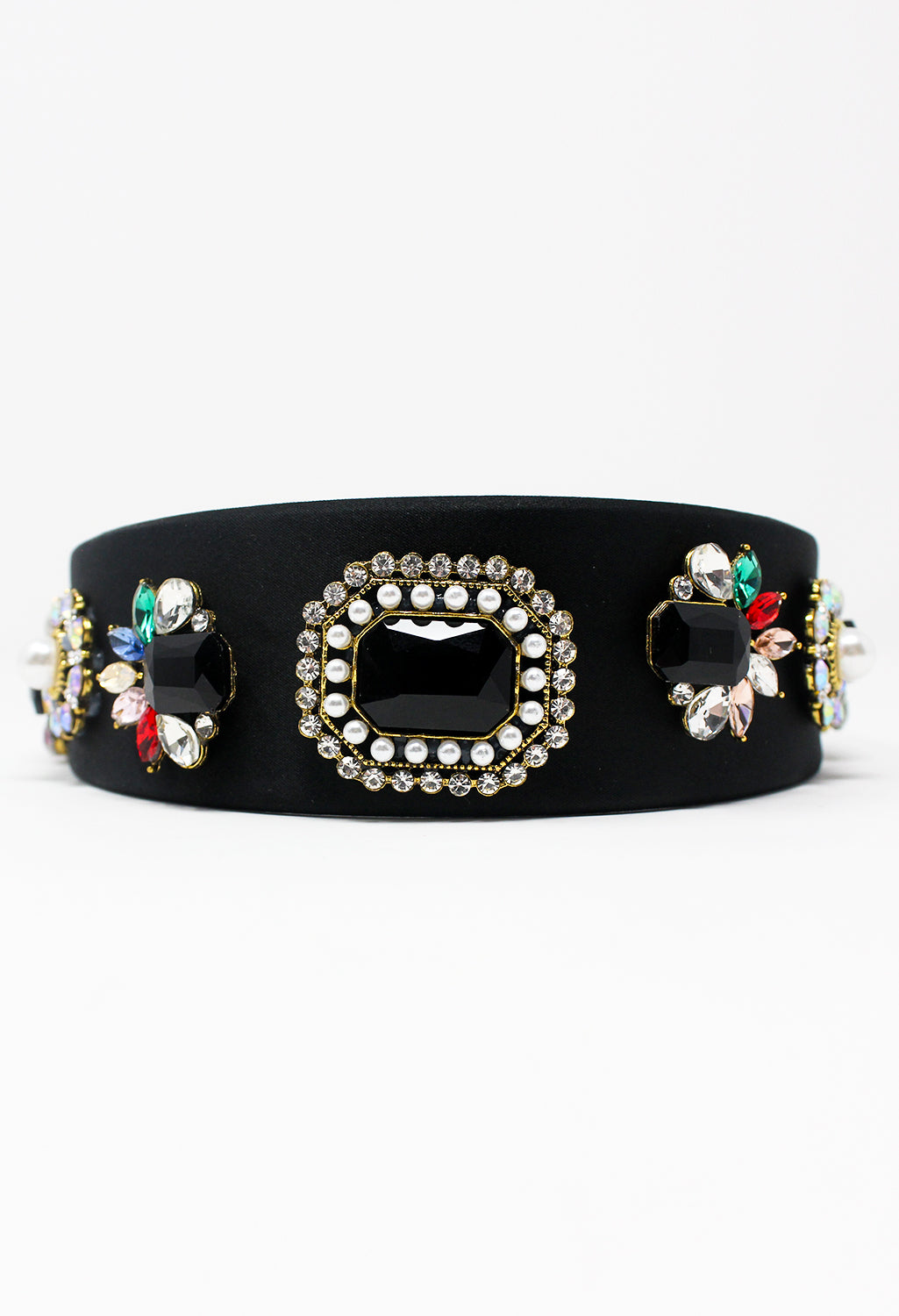 Black Velvet Headband with Pearl and Jewel Details