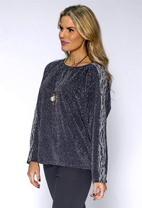 Black Glittered Plisse Top with Printed Shoulder