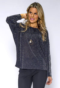 Black Glittered Plisse Top with Printed Shoulder