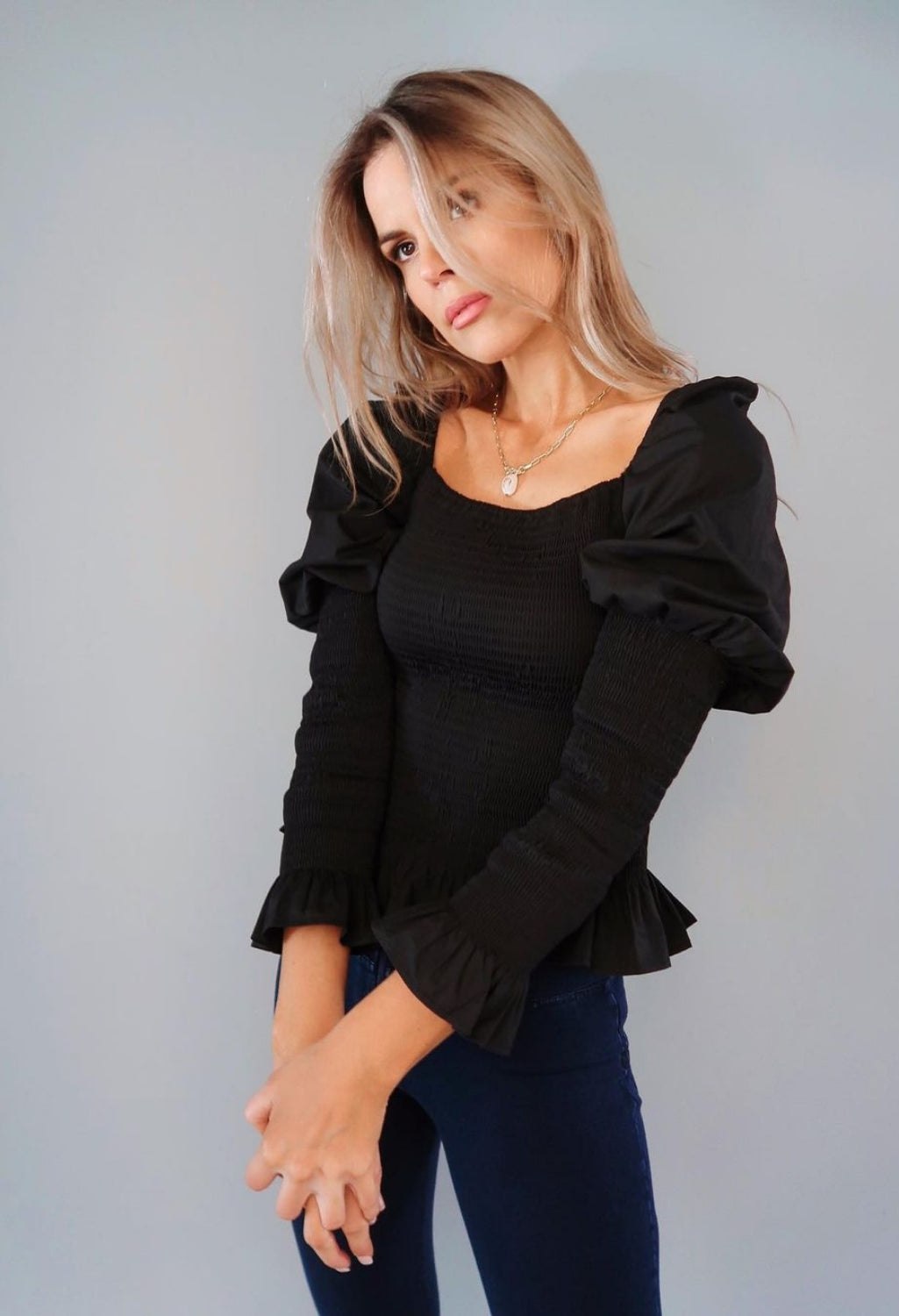 Black Puff Shoulder Smocking Top