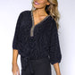 Black Print Batwing Top with Studded Neckline