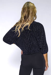 Black Print Batwing Top with Studded Neckline