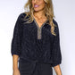 Black Print Batwing Top with Studded Neckline