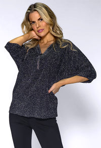 Black Batwing Top with Diamante Zip Neckline