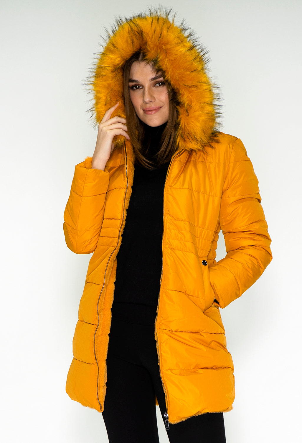 Reversible Mustard Coat with Detachable Faux Fur Hood