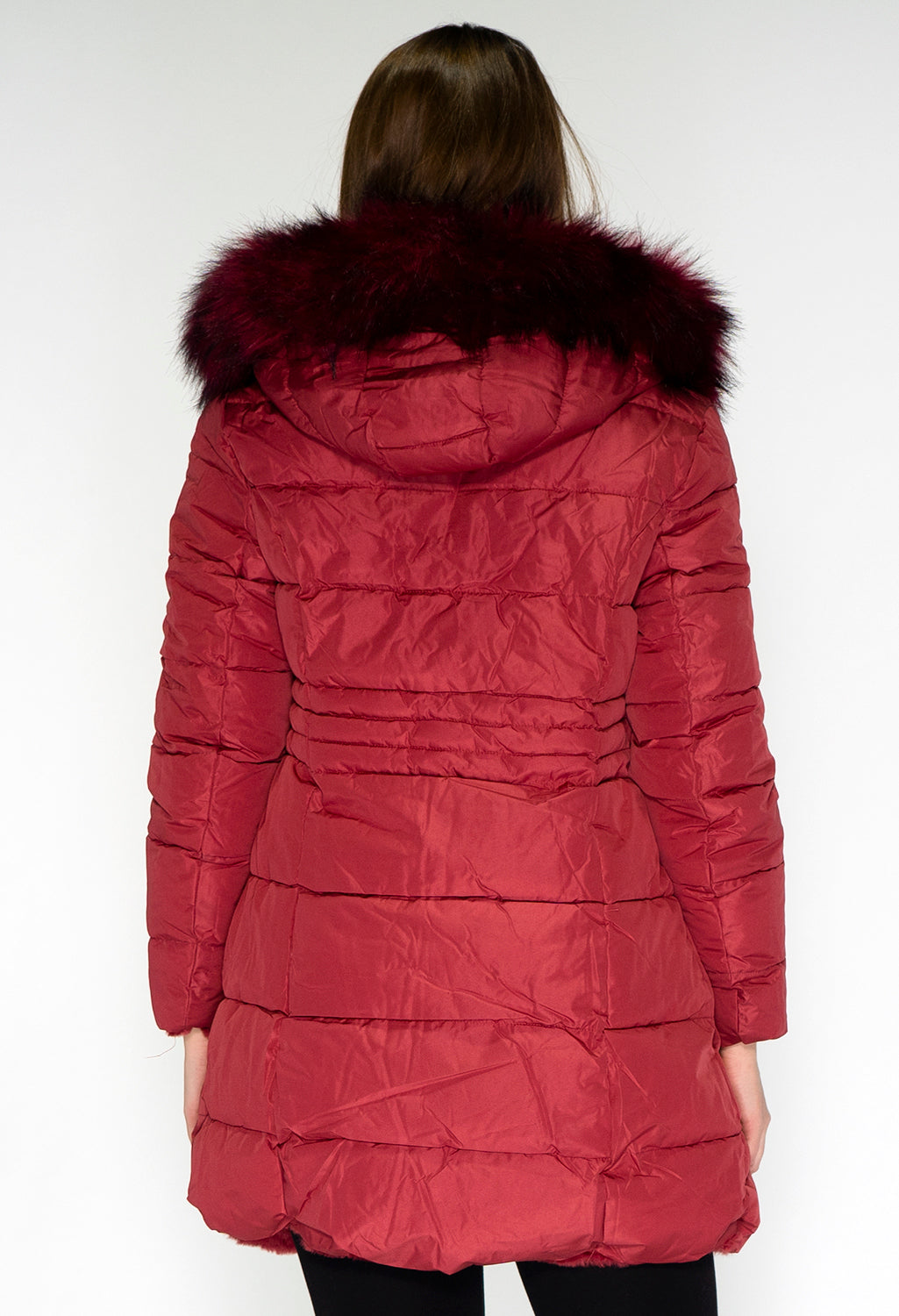 Reversible Wine Coat with Detachable Faux Fur Hood