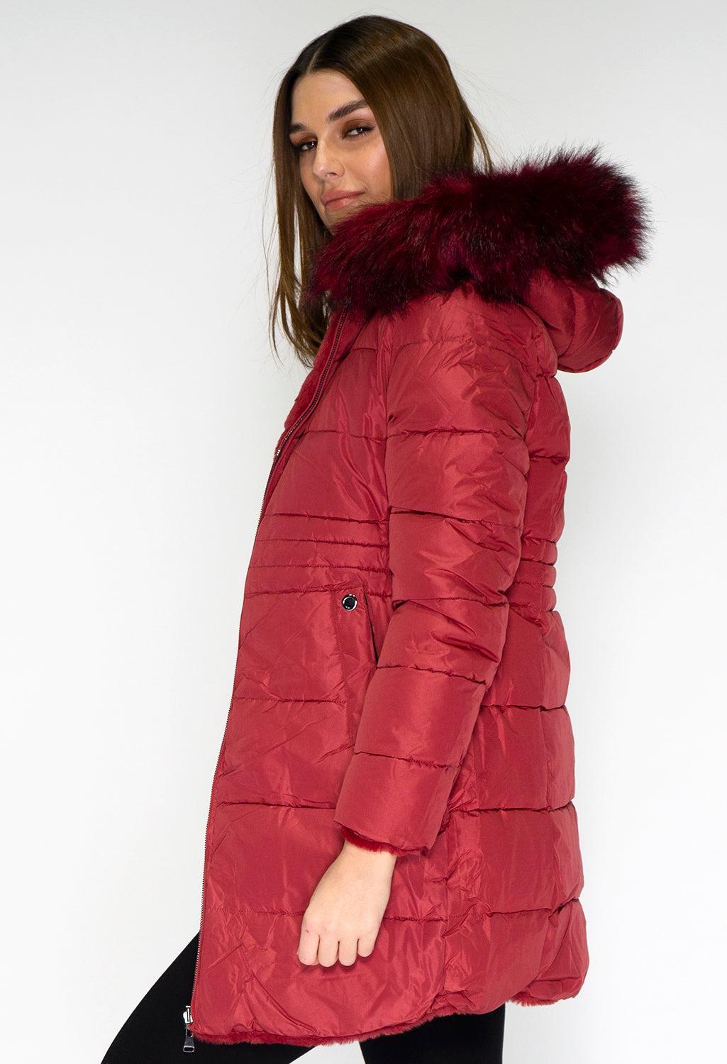 Reversible Wine Coat with Detachable Faux Fur Hood